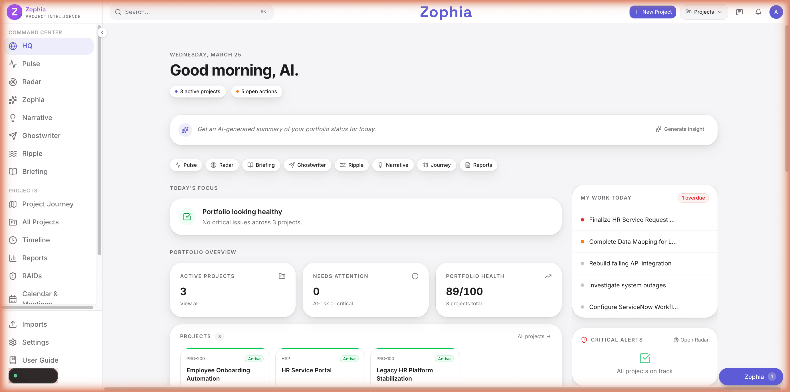 Zopha Project Intelligence - Mission Control Dashboard